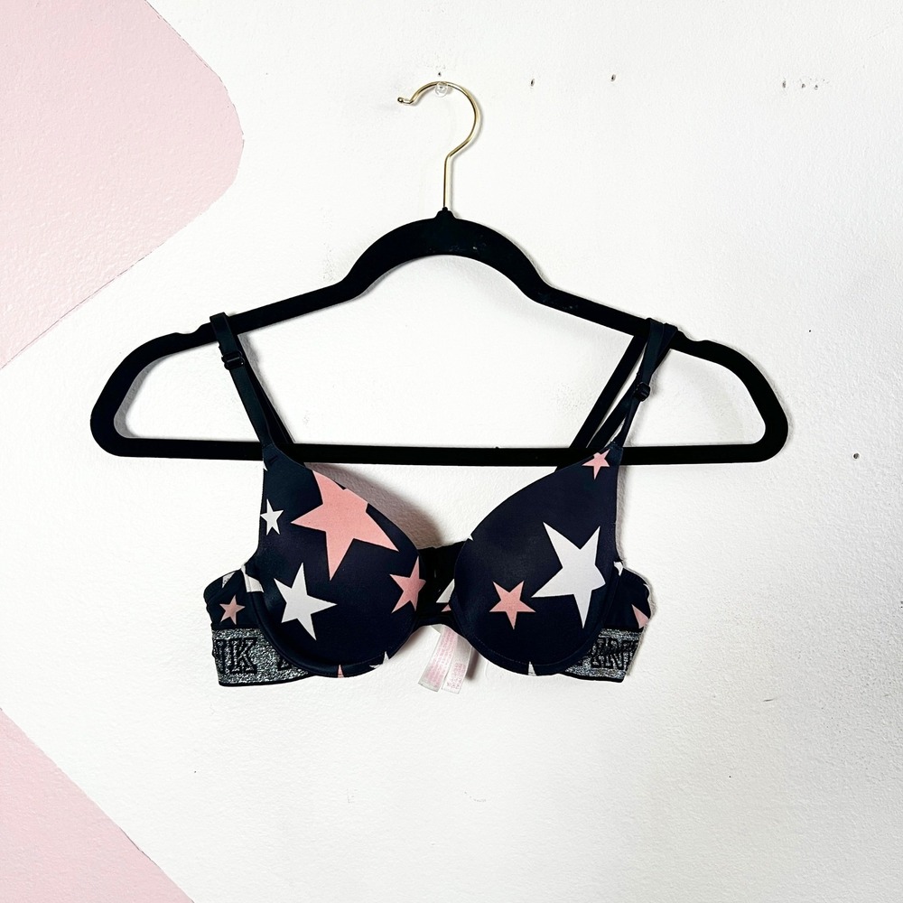 Victoria's Secret PINK Bra 34A Push Up  Star Print Glitter‎ Logo